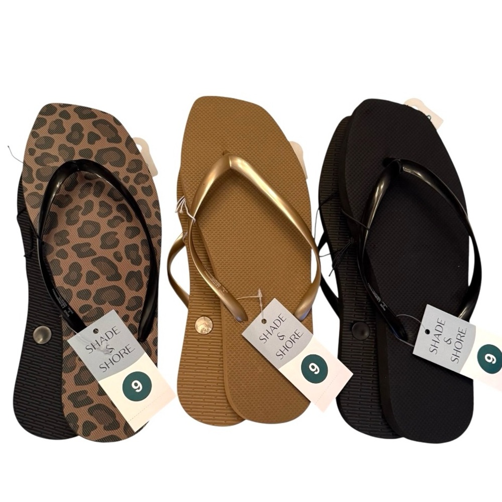 3 Pair Square Toe Flip Flop Sandals Leopard Copper Black - Picture 5 of 12